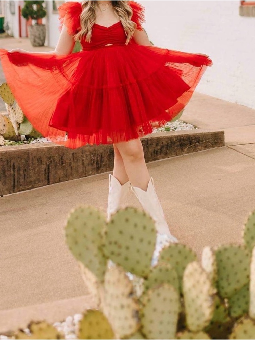 SweetHoney Red Tulle Midi Dress with Ruffled Shoulders